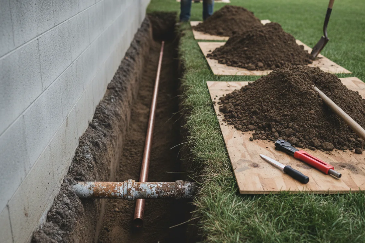 Excavated water line trench during Sewer Line Repair in Aubrey
